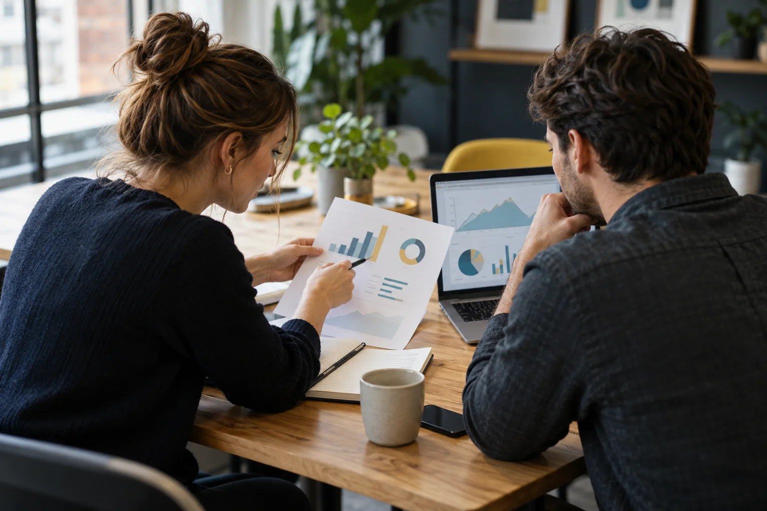 Illustrative office scene of two colleagues reviewing website analytics charts