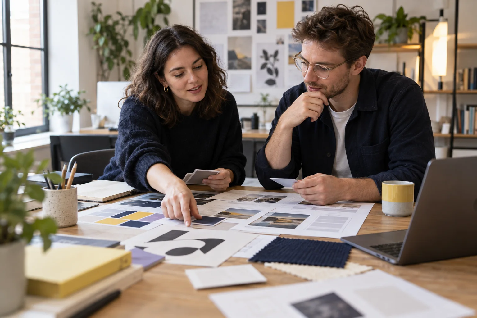 Illustrative office scene of two creatives reviewing colour swatches and brand materials