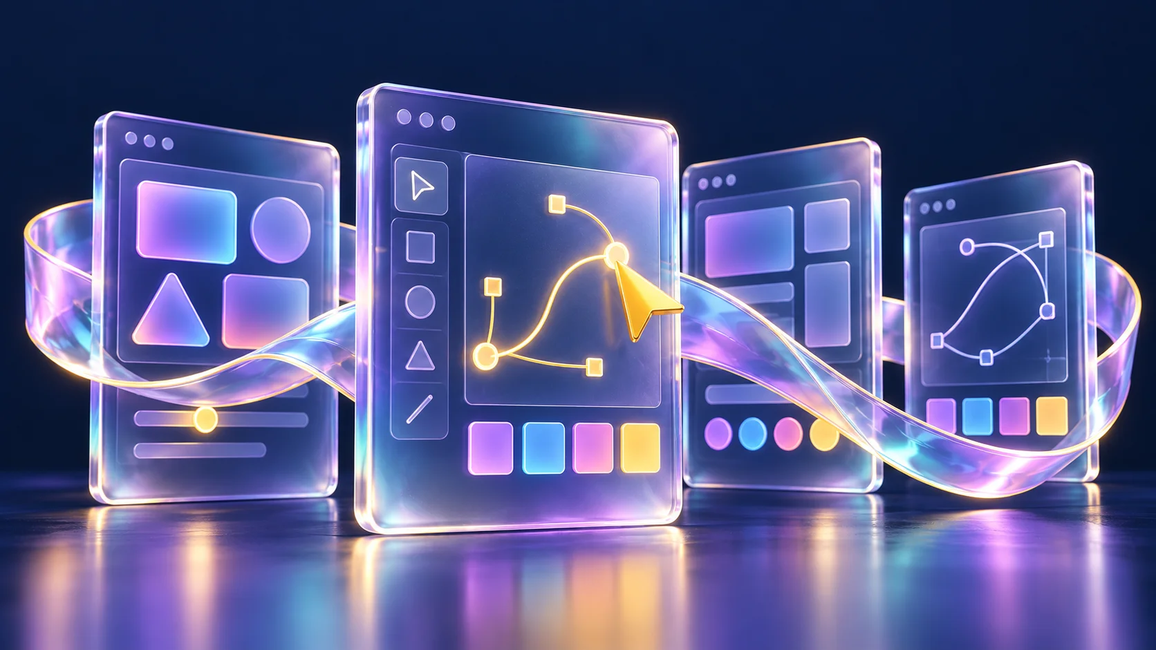 Iridescent glass design canvases with vector curves and a yellow cursor on a dark navy background.