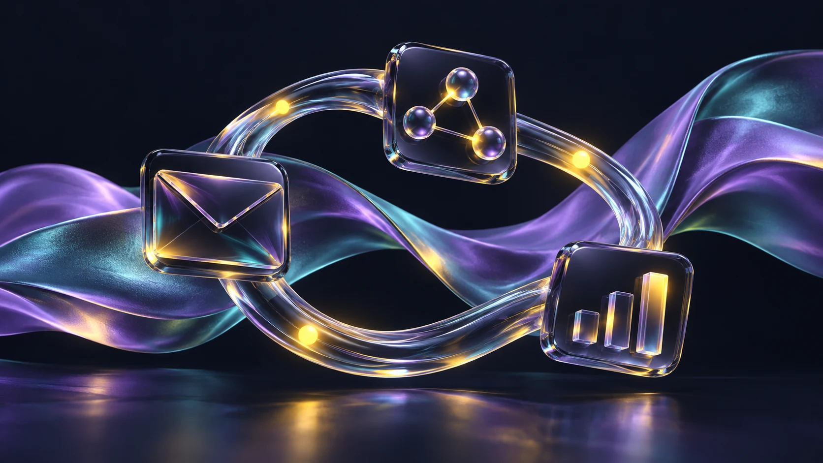 Connected glass email, audience and analytics modules forming a continuous automation loop