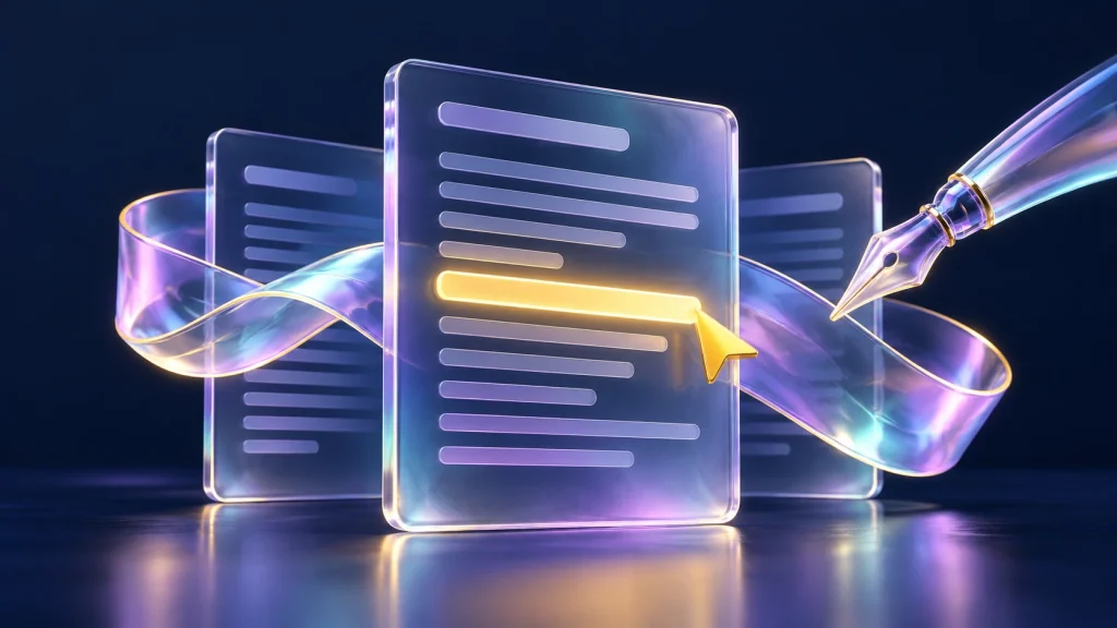 Iridescent glass editorial panels, a pen nib and a yellow highlight representing clear, useful SEO copywriting