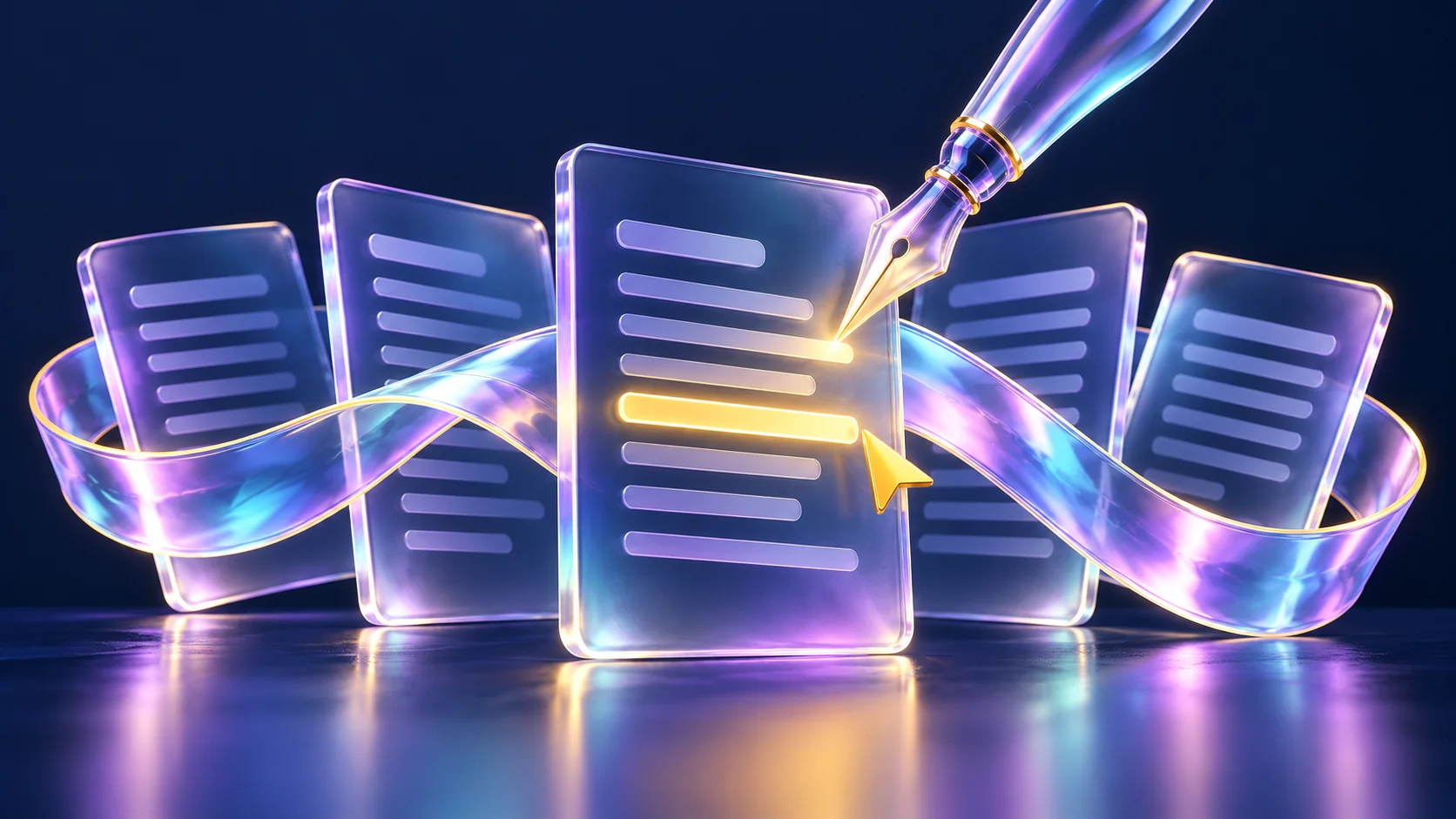 Five iridescent glass document panels with a glass pen and yellow editing cursor, representing AI-assisted content writing.