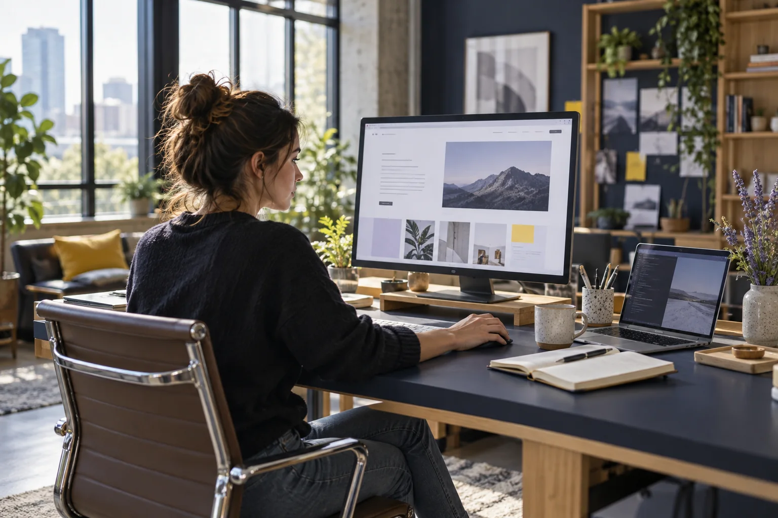 Illustrative office scene of a developer reviewing a website at a studio workstation